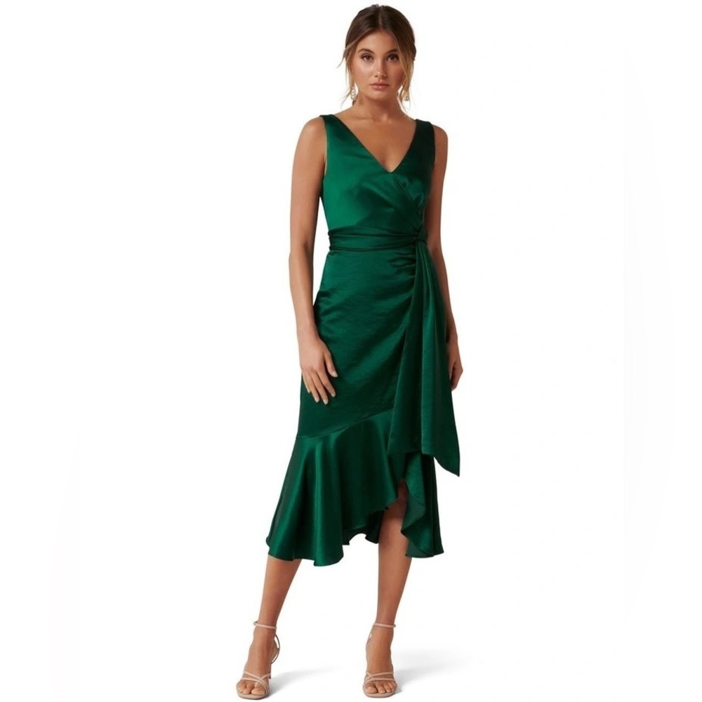 Forever New Gracelyn Satin Wrap Midi Dress - Emerald Green US 6 AUS 10
